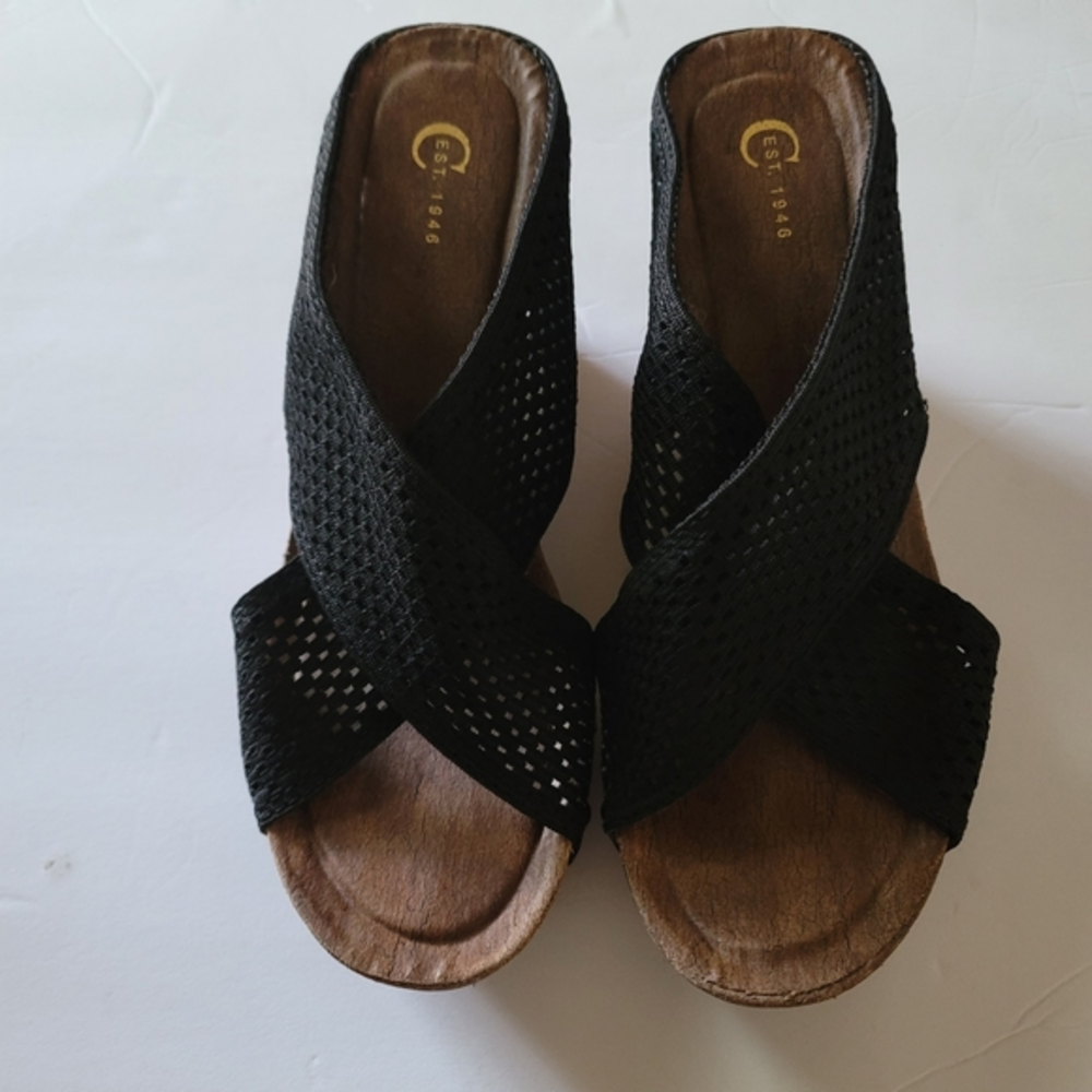 Cato Black Wedge Women's‎ Sandals Sz 9 Mesh 3" heels crossover.Very good